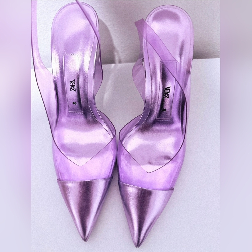 Zara Women's Metallic Leather & Jelly Lavender Heels GUC Size 40
